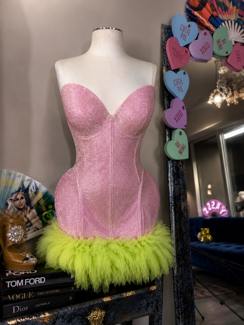 Glitter Pink Corset Hips Dress with Neon Tulle Hem
